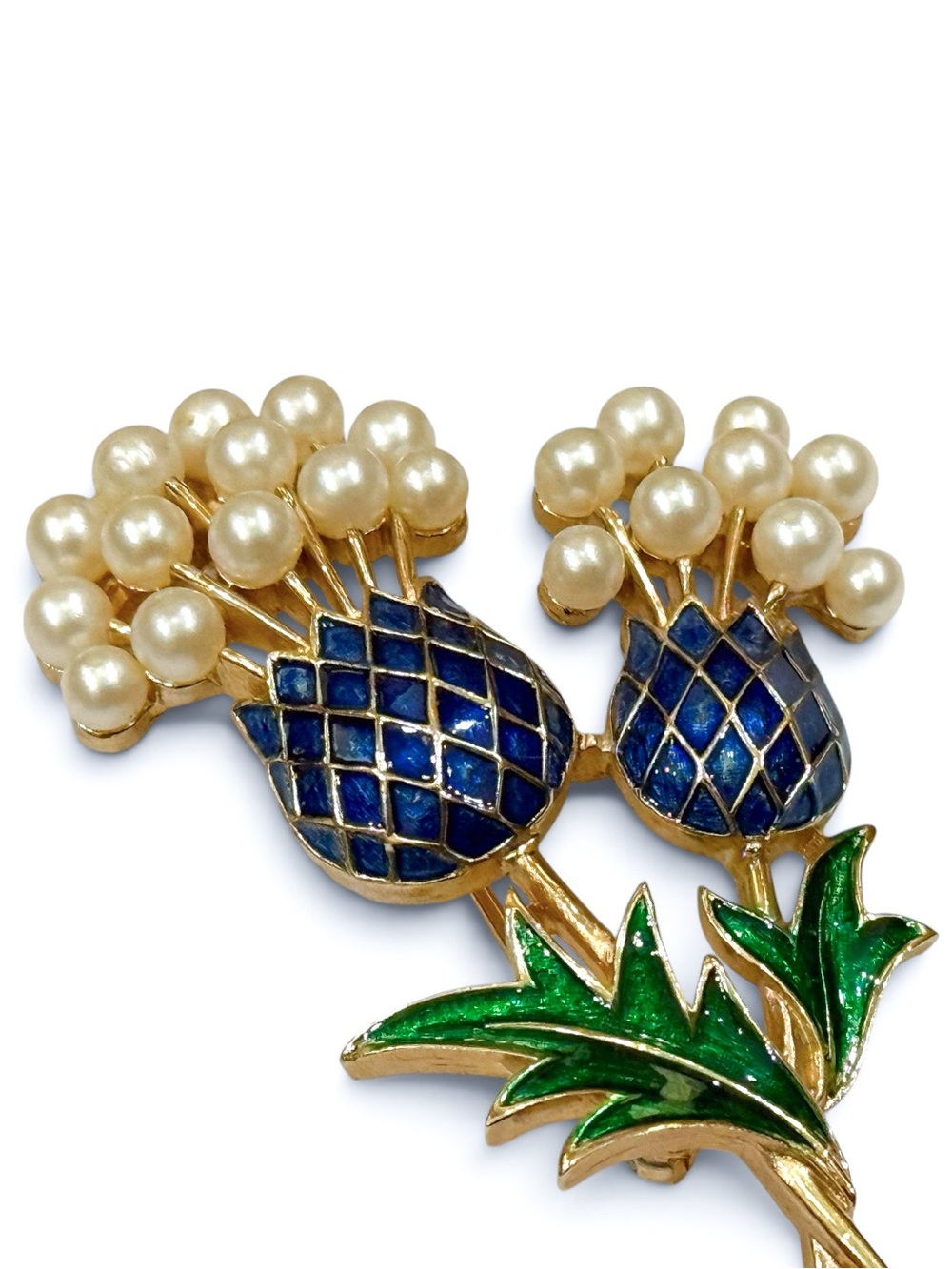 Vintage Crown Trifari Thistle Brooch & Earrings Set Faux Pearl Blue Enamel - Picture 4 of 12